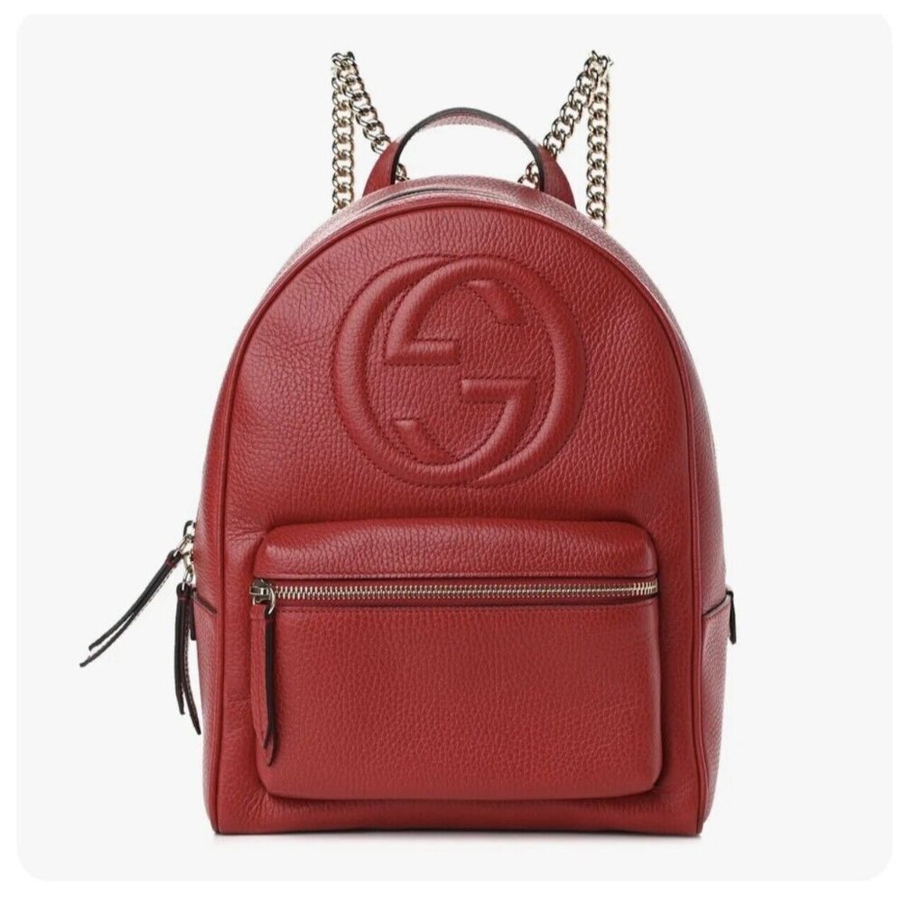 GUCCI  GG SOHO RED PEBBLED CALFSKIN LEATHER CHAIN BACKPACK BAG